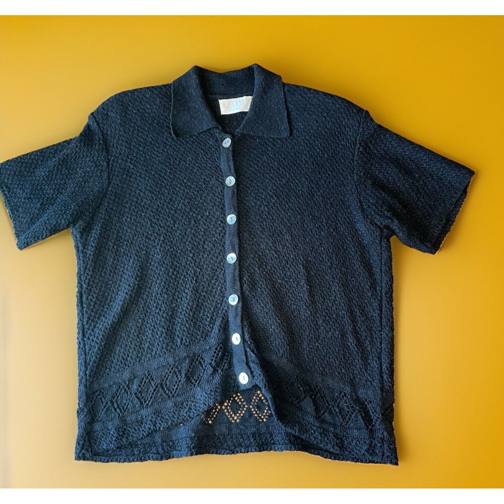 Vintage Elisabeth Liz Claiborne Black Knit Polo Shirt Top Linen And Cotton